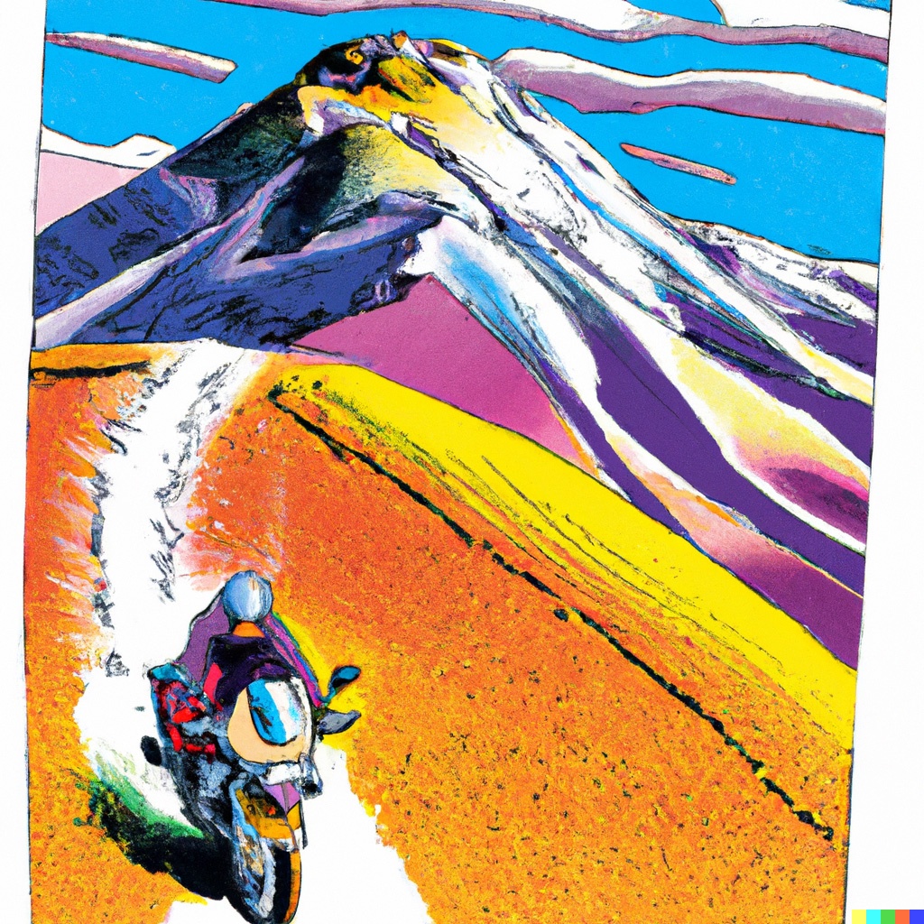 An illustration of a man riding a motorcycle in the mountains