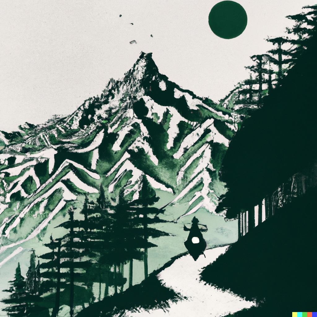 An illustration of a man riding a motorcycle in the mountains