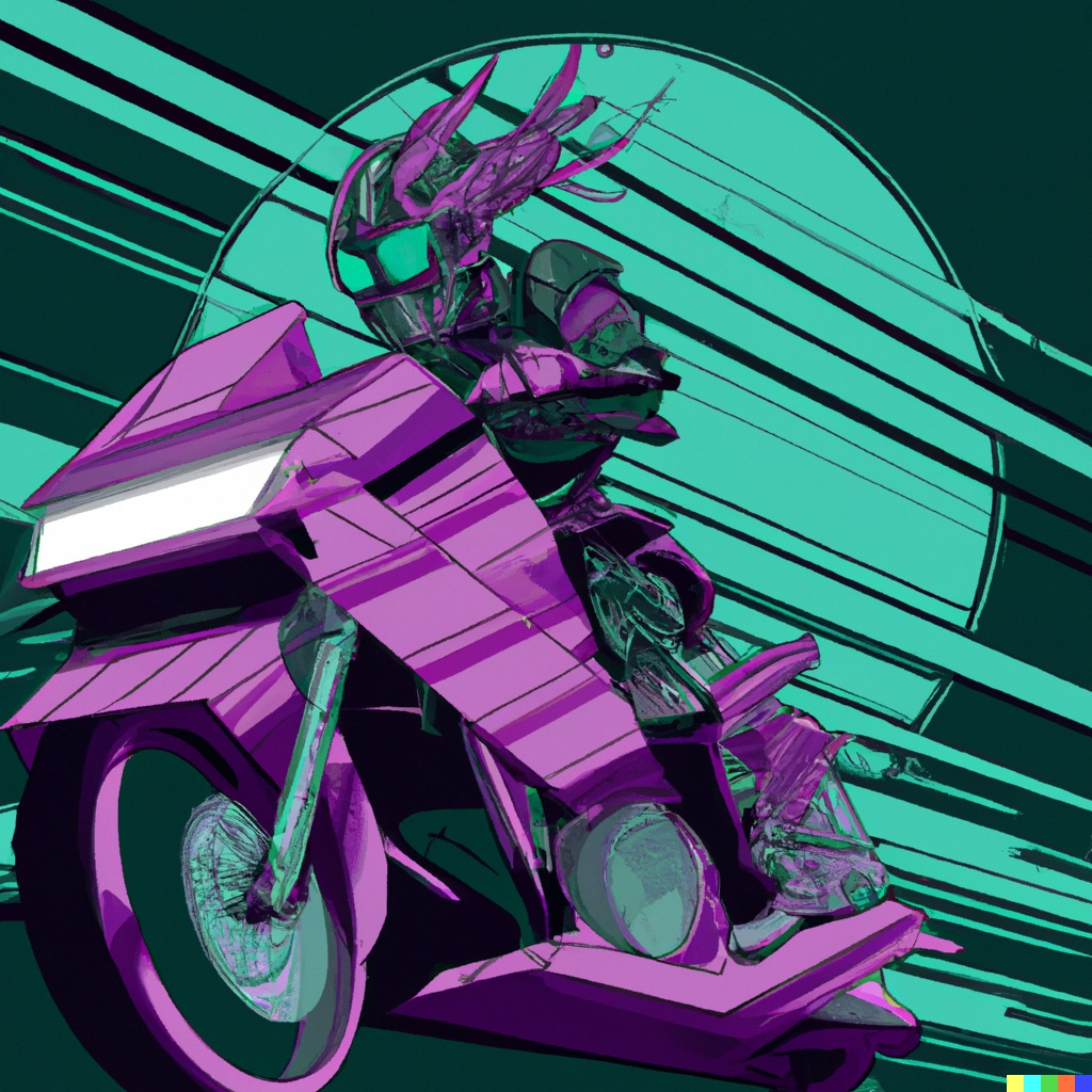 A cyberpunk samurai riding a motorcycle.